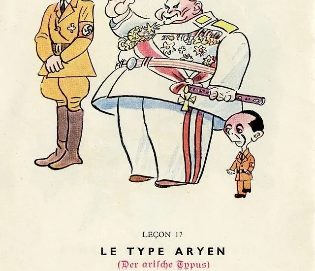 The Aryan type: Blond as Adolf Hitler, thin as Hermann Wilhelm Goering and tall as Joseph Goebbels - Illustration by Bernard Aldebert (cca 1945)