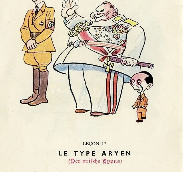 The Aryan type: Blond as Adolf Hitler, thin as Hermann Wilhelm Goering and tall as Joseph Goebbels - Illustration by Bernard Aldebert (cca 1945)