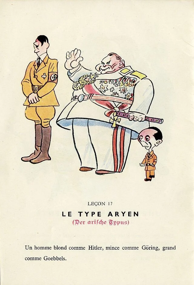 The Aryan type: Blond as Adolf Hitler, thin as Hermann Wilhelm Goering and tall as Joseph Goebbels - Illustration by Bernard Aldebert (cca 1945)